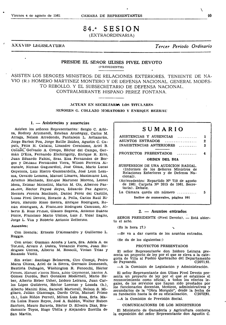 DIARIO DE SESIONES DE LA CAMARA DE REPRESENTANTES del 04/08/1961